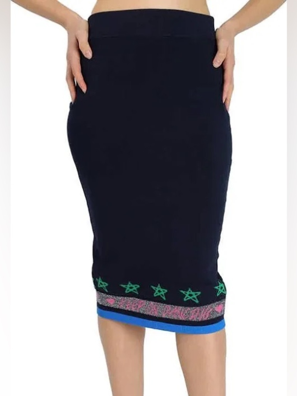 JWON Knee-Length Black Pencil Skirt with Green Star Trim
